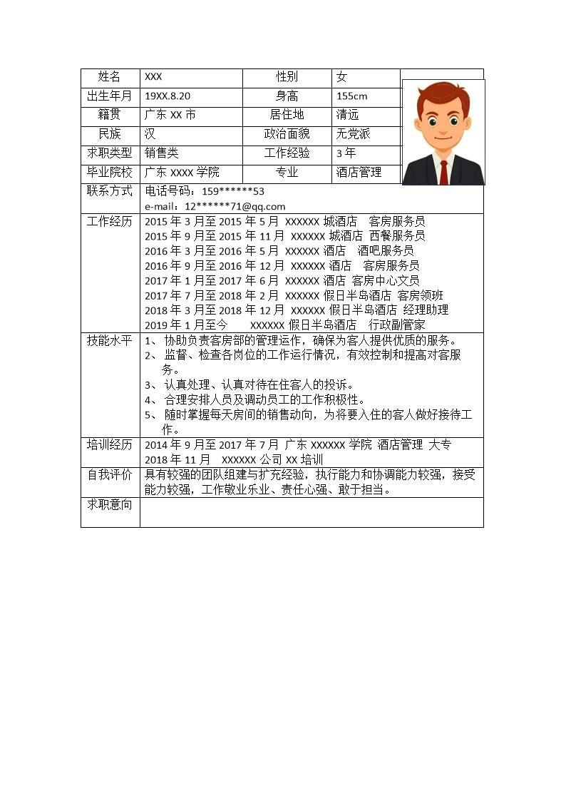 6300_酒店管理类专业酒店类岗位个人求职简历模板  - 通用模板简历模板